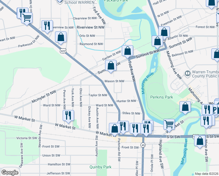 map of restaurants, bars, coffee shops, grocery stores, and more near 718 Hillsdale Drive Northwest in Warren