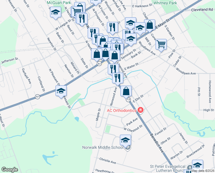 map of restaurants, bars, coffee shops, grocery stores, and more near 12 Oak Street in Norwalk