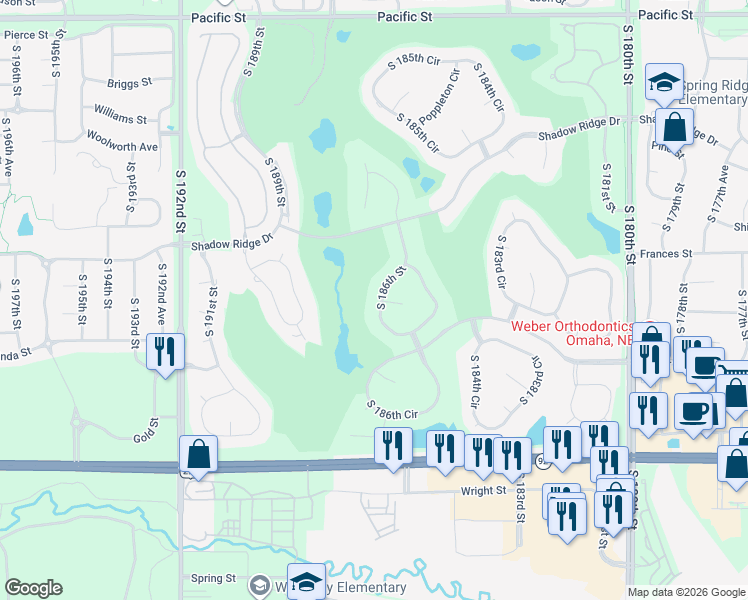 map of restaurants, bars, coffee shops, grocery stores, and more near 2118 South 186th Street in Omaha