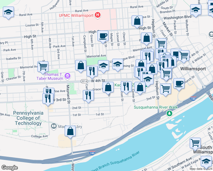 map of restaurants, bars, coffee shops, grocery stores, and more near 337 Walnut Street in Williamsport