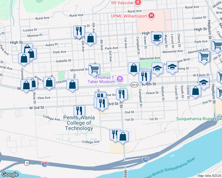 map of restaurants, bars, coffee shops, grocery stores, and more near 945 West 4th Street in Williamsport