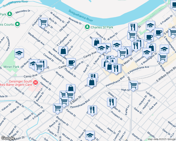map of restaurants, bars, coffee shops, grocery stores, and more near 517 South River Street in Wilkes-Barre
