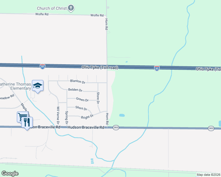 map of restaurants, bars, coffee shops, grocery stores, and more near 9099 Horn Road in Windham
