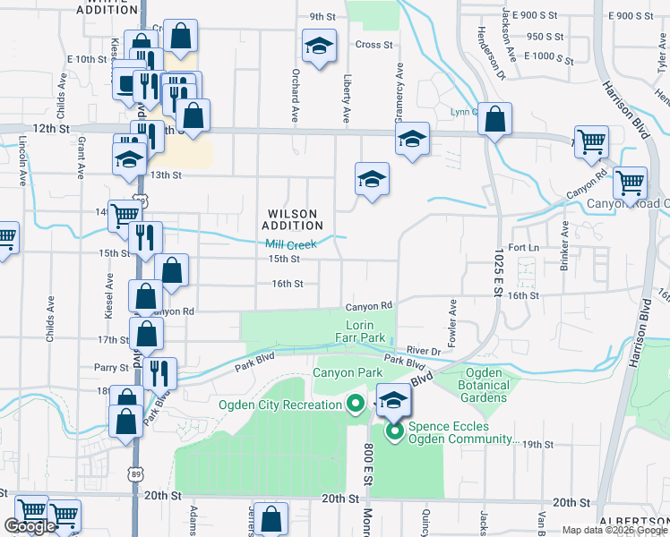 map of restaurants, bars, coffee shops, grocery stores, and more near 1502 Liberty Avenue in Ogden