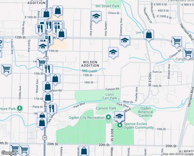 map of restaurants, bars, coffee shops, grocery stores, and more near 695 15th Street in Ogden