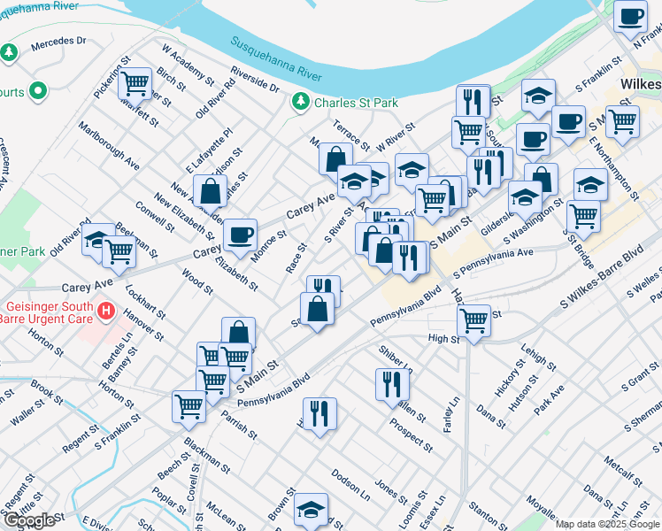 map of restaurants, bars, coffee shops, grocery stores, and more near 475 South Franklin Street in Wilkes-Barre