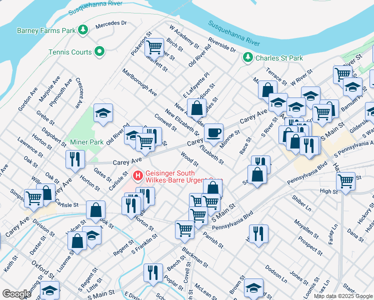 map of restaurants, bars, coffee shops, grocery stores, and more near 236 Carey Avenue in Wilkes-Barre
