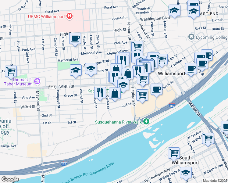 map of restaurants, bars, coffee shops, grocery stores, and more near 331 Elmira Street in Williamsport