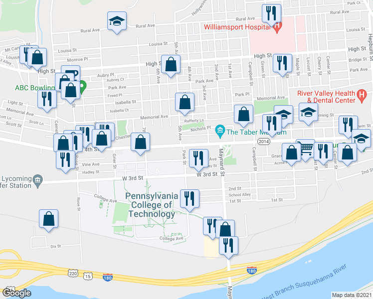 map of restaurants, bars, coffee shops, grocery stores, and more near 1005 West 4th Street in Williamsport