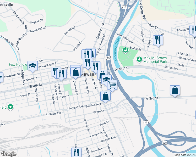 map of restaurants, bars, coffee shops, grocery stores, and more near 1969 West 4th Street in Williamsport