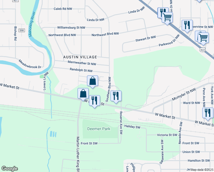 map of restaurants, bars, coffee shops, grocery stores, and more near 423 Southern Boulevard Northwest in Warren