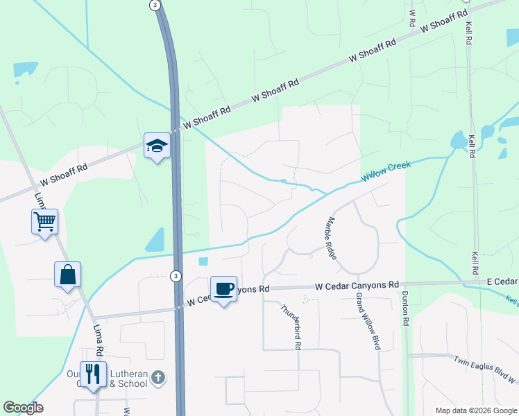 map of restaurants, bars, coffee shops, grocery stores, and more near 17000 Willow Ridge Trail in Fort Wayne
