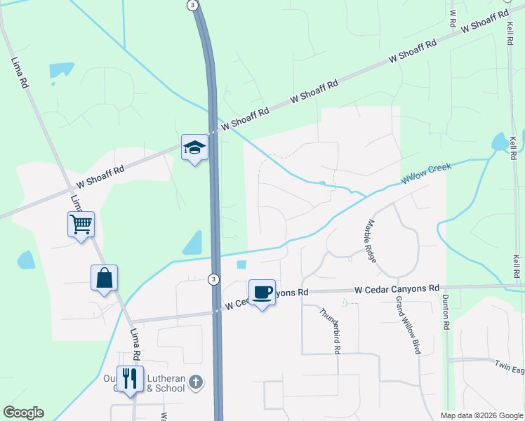 map of restaurants, bars, coffee shops, grocery stores, and more near 17000 Willow Ridge Trail in Fort Wayne