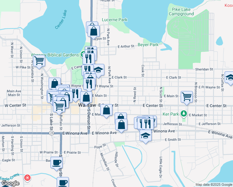 map of restaurants, bars, coffee shops, grocery stores, and more near in Warsaw