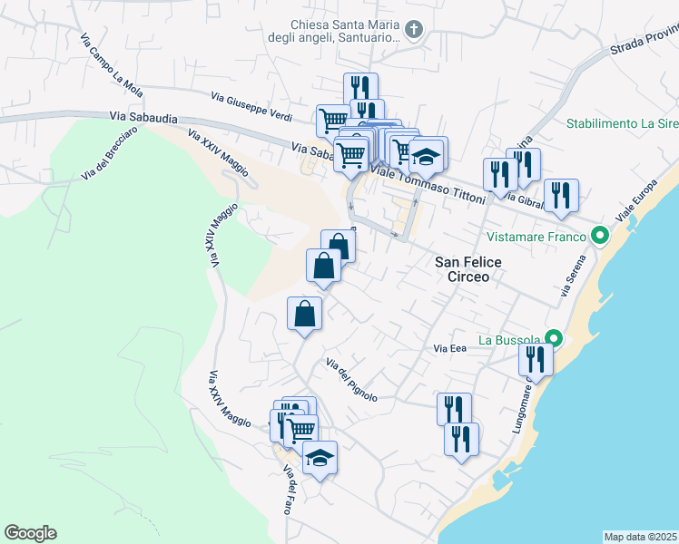 map of restaurants, bars, coffee shops, grocery stores, and more near 11 Via Tresilene in San Felice Circeo