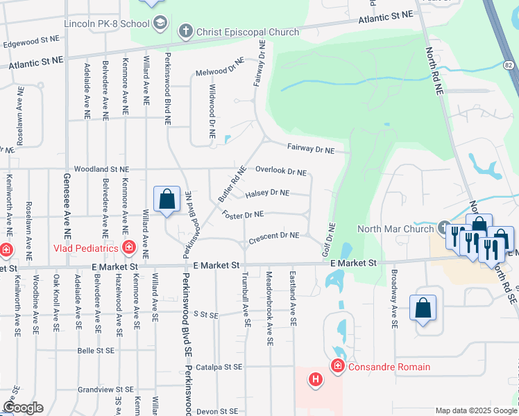 map of restaurants, bars, coffee shops, grocery stores, and more near 3014 Halsey Drive Northeast in Warren