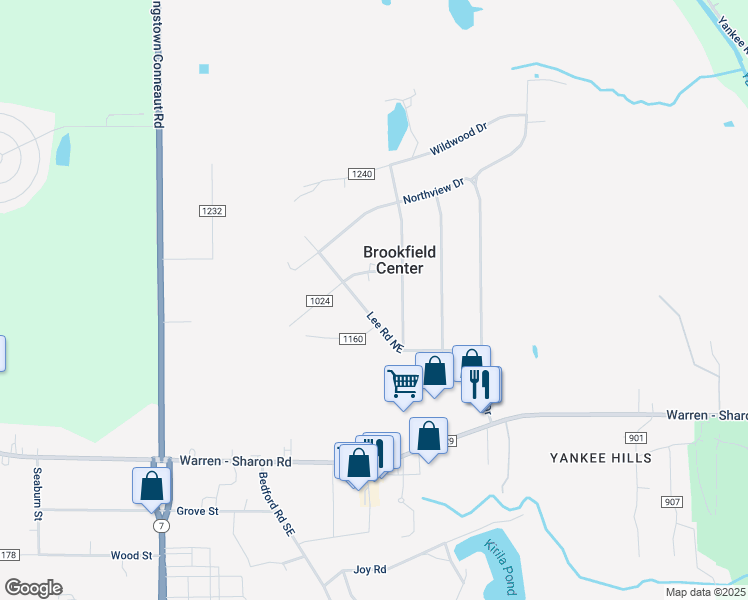 map of restaurants, bars, coffee shops, grocery stores, and more near 7185 Lee Road Northeast in Brookfield Center