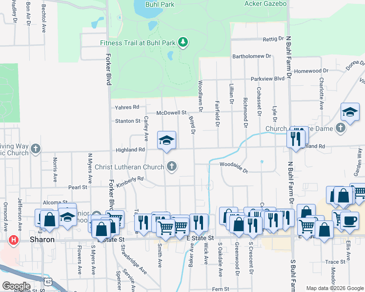 map of restaurants, bars, coffee shops, grocery stores, and more near 448 Dougherty Avenue in Sharon