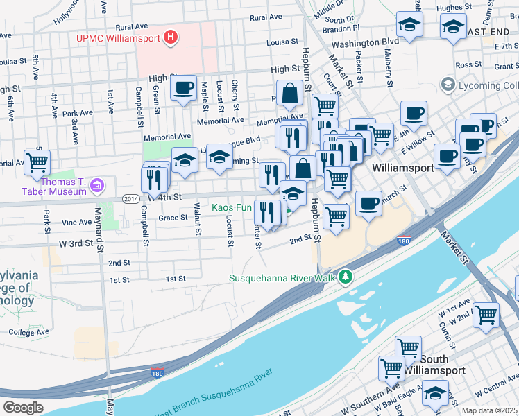 map of restaurants, bars, coffee shops, grocery stores, and more near 332 Center Street in Williamsport