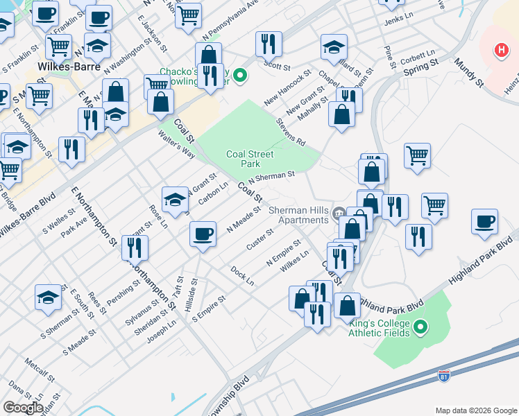 map of restaurants, bars, coffee shops, grocery stores, and more near 123 North Fulton Street in Wilkes-Barre