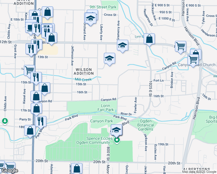 map of restaurants, bars, coffee shops, grocery stores, and more near 793 East 1500 South Street in Ogden
