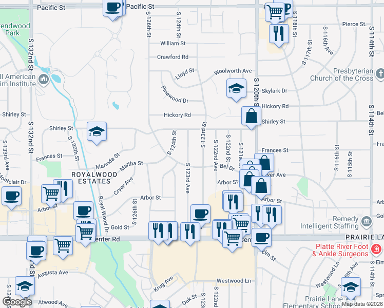 map of restaurants, bars, coffee shops, grocery stores, and more near 2104 South 123rd Avenue in Omaha