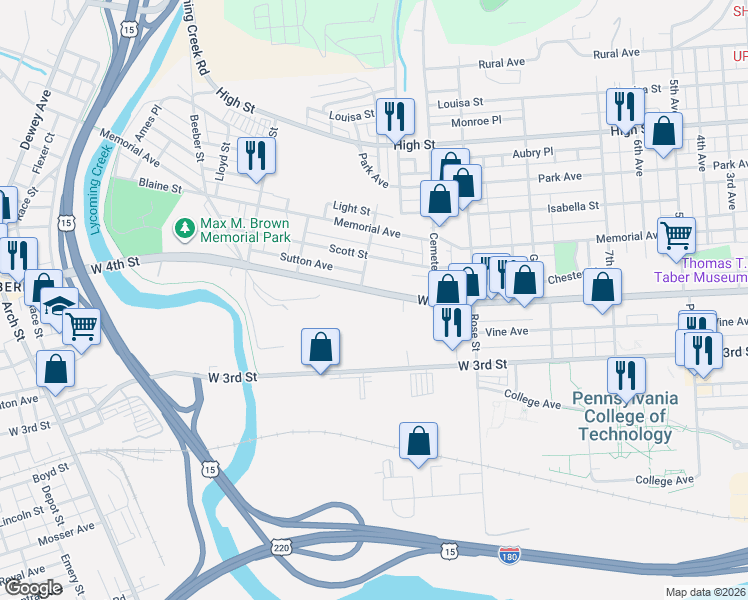 map of restaurants, bars, coffee shops, grocery stores, and more near 1445-1499 State Route 2014 in Williamsport