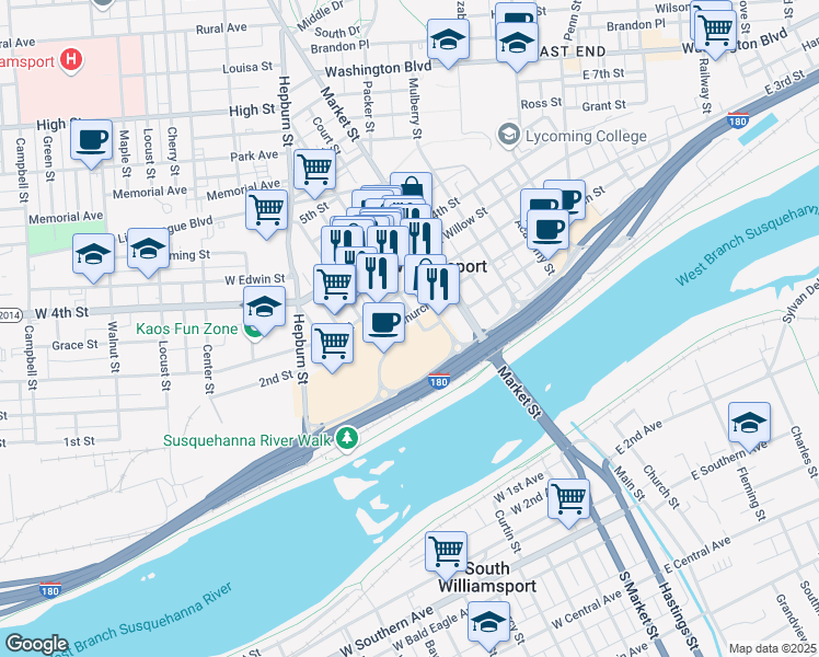 map of restaurants, bars, coffee shops, grocery stores, and more near 200298 Laurel Street in Williamsport