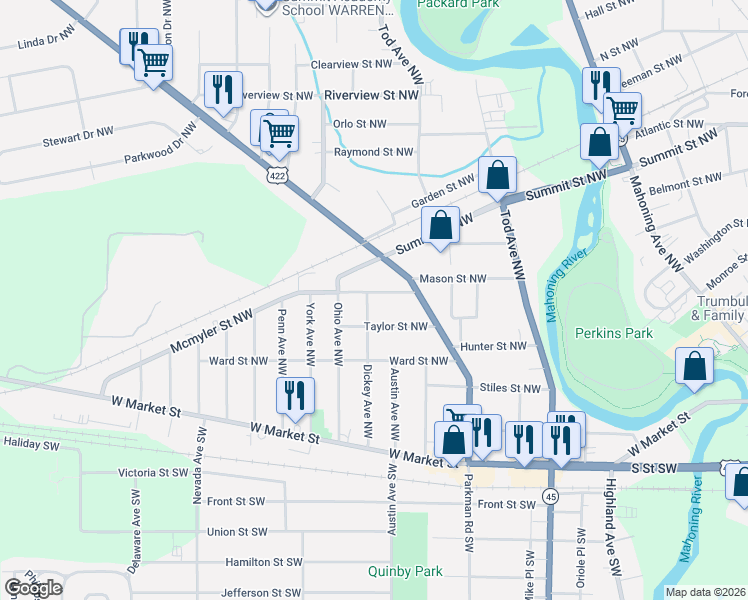 map of restaurants, bars, coffee shops, grocery stores, and more near 1185 Mcmyler Street Northwest in Warren