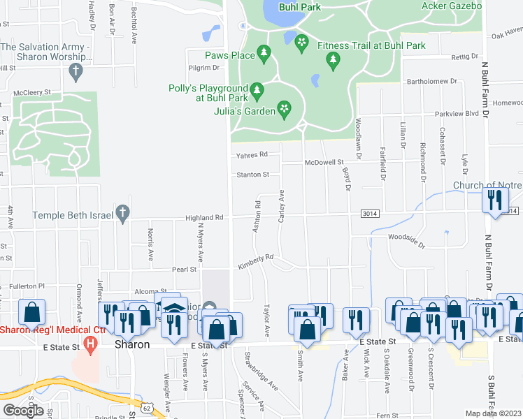 map of restaurants, bars, coffee shops, grocery stores, and more near 1309 Highland Road in Sharon