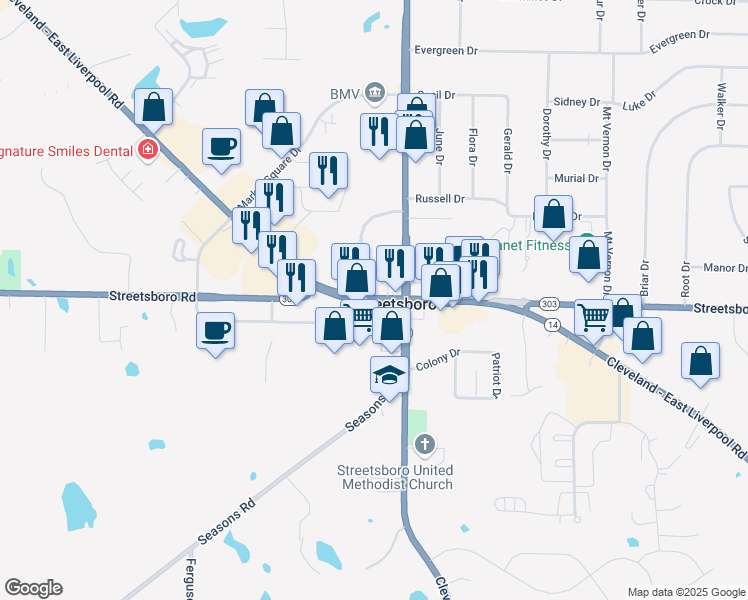 map of restaurants, bars, coffee shops, grocery stores, and more near 1331 Cleveland - East Liverpool Road in Streetsboro