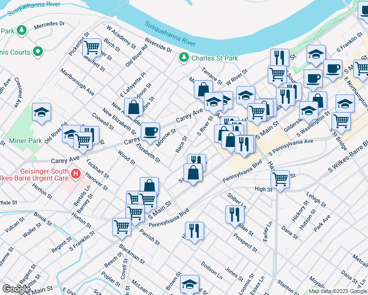 map of restaurants, bars, coffee shops, grocery stores, and more near 517 South River Street in Wilkes-Barre