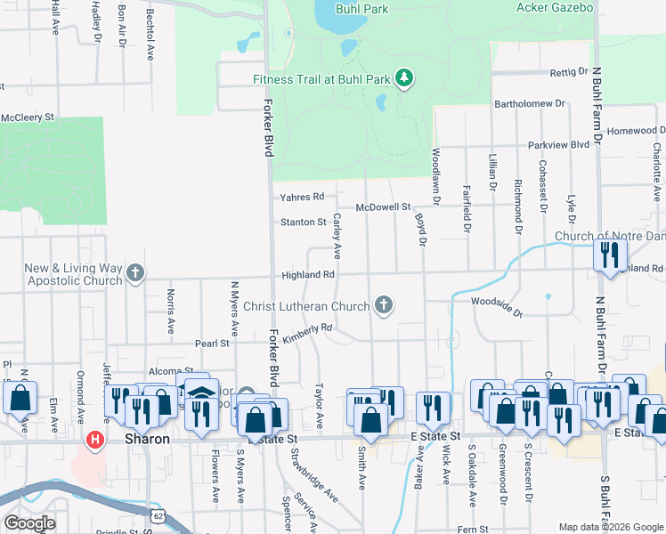 map of restaurants, bars, coffee shops, grocery stores, and more near 1385 Highland Road in Sharon
