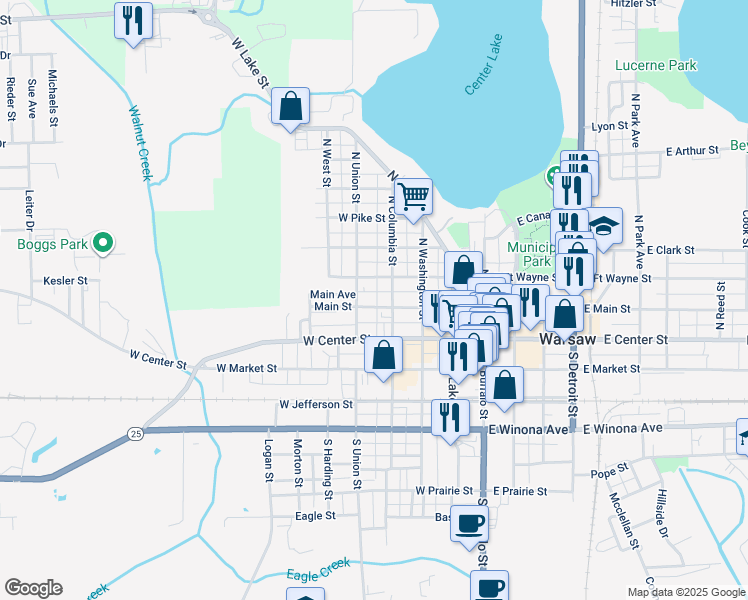 map of restaurants, bars, coffee shops, grocery stores, and more near 416 West Main Street in Warsaw