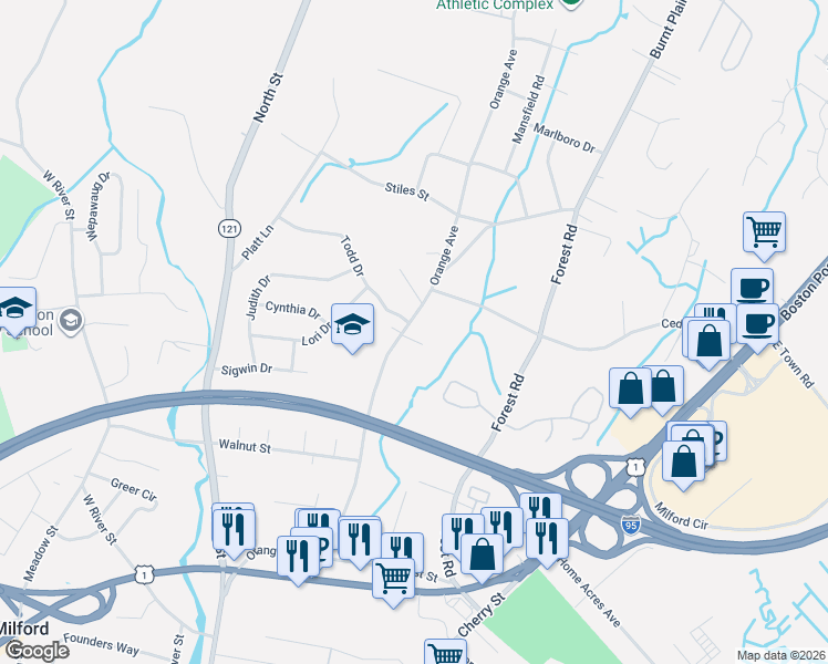 map of restaurants, bars, coffee shops, grocery stores, and more near 5 Randy Road in Milford