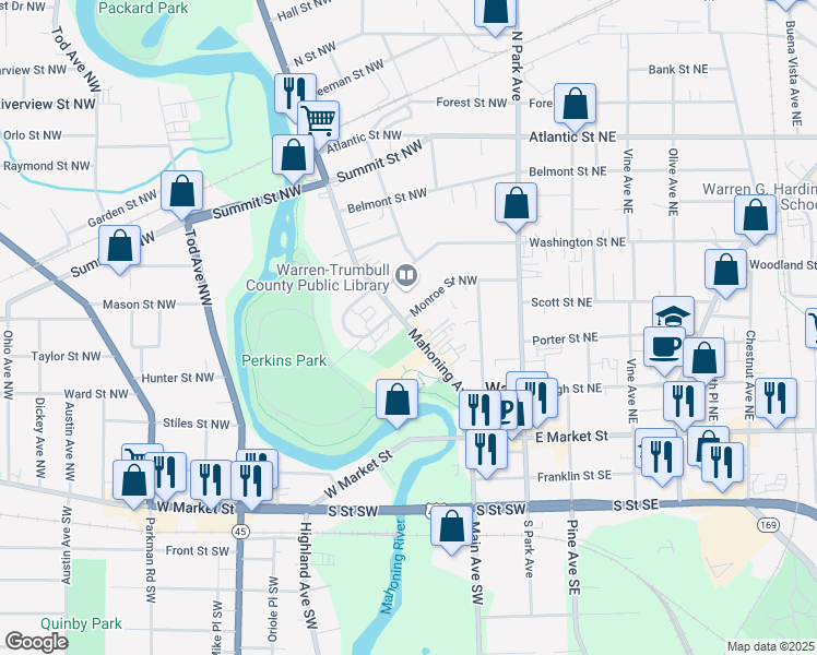 map of restaurants, bars, coffee shops, grocery stores, and more near 380 Mahoning Avenue in Niles