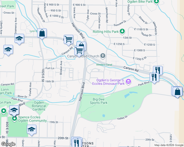 map of restaurants, bars, coffee shops, grocery stores, and more near 1534 Tyler Avenue in Ogden