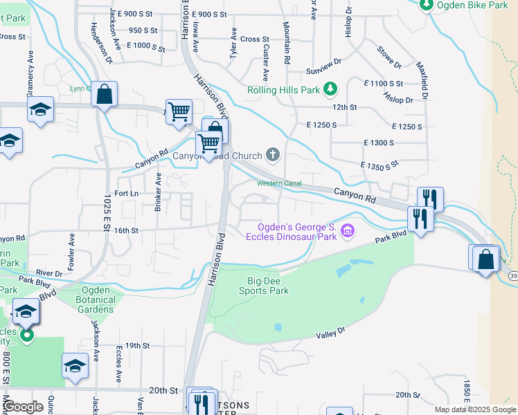 map of restaurants, bars, coffee shops, grocery stores, and more near 1349 Millcreek Drive in Ogden