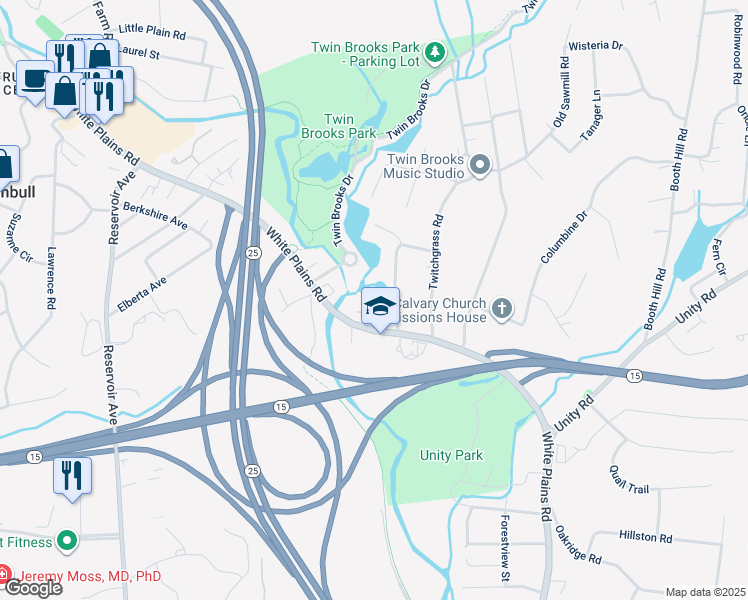 map of restaurants, bars, coffee shops, grocery stores, and more near 14 Village Drive in Trumbull