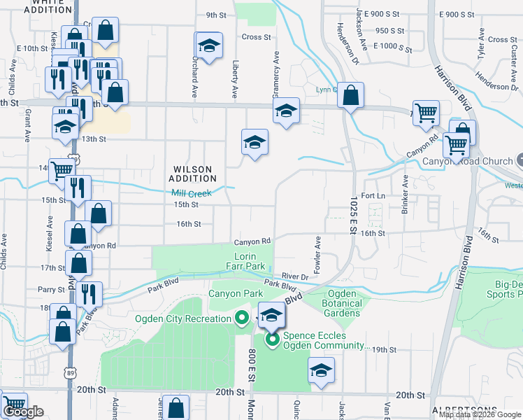 map of restaurants, bars, coffee shops, grocery stores, and more near 813 15th Street in Ogden