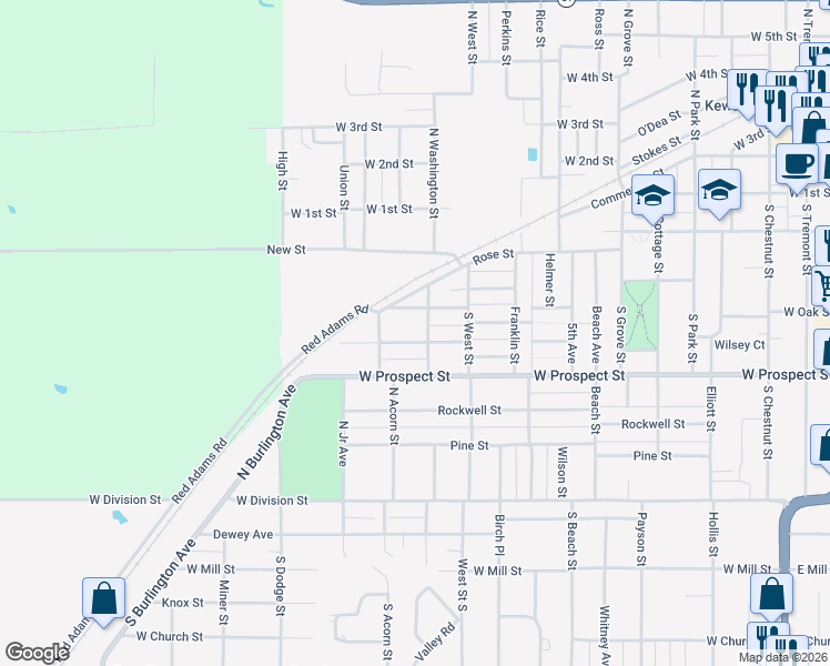 map of restaurants, bars, coffee shops, grocery stores, and more near 1208 Roseview Ave in Kewanee