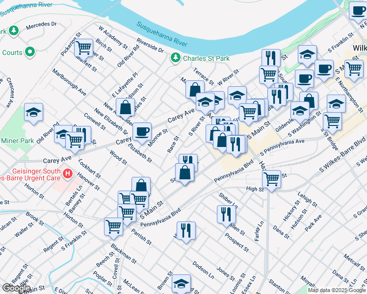 map of restaurants, bars, coffee shops, grocery stores, and more near 504 South River Street in Wilkes-Barre