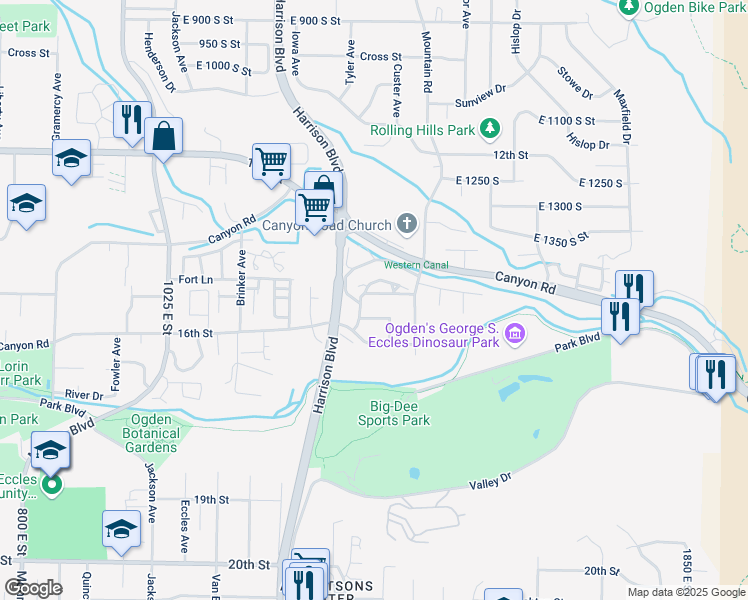 map of restaurants, bars, coffee shops, grocery stores, and more near 1325 Millcreek Drive in Ogden