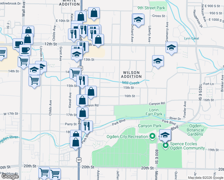 map of restaurants, bars, coffee shops, grocery stores, and more near 563 15th Street in Ogden
