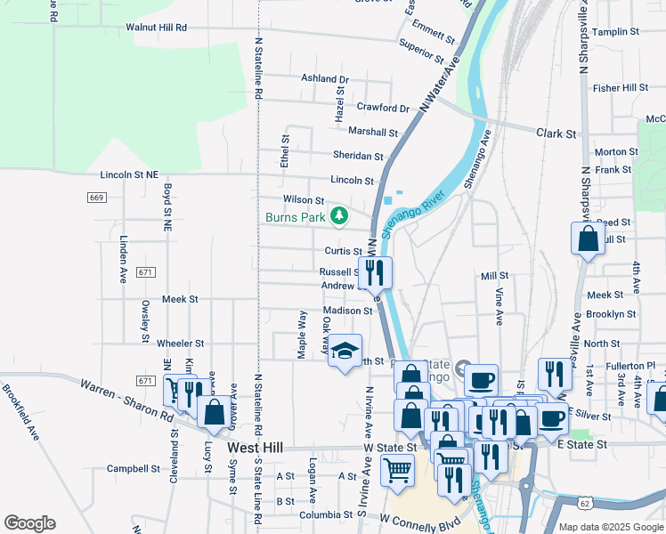 map of restaurants, bars, coffee shops, grocery stores, and more near 344 Russell Street in Sharon