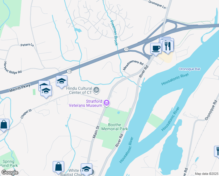 map of restaurants, bars, coffee shops, grocery stores, and more near 6105 Main Street in Stratford