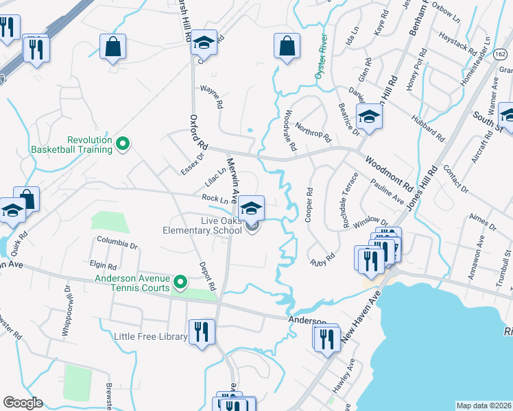 map of restaurants, bars, coffee shops, grocery stores, and more near 68 Live Oaks Road in Milford