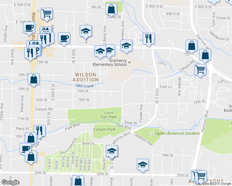 map of restaurants, bars, coffee shops, grocery stores, and more near 813 East 1500 South Street in Ogden
