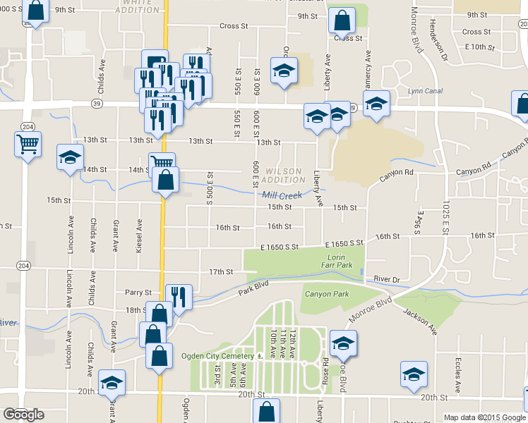 map of restaurants, bars, coffee shops, grocery stores, and more near 591 15th Street in Ogden