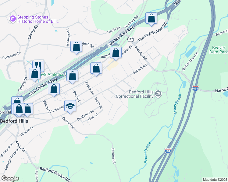 map of restaurants, bars, coffee shops, grocery stores, and more near 201 Babbitt Road in Bedford Hills